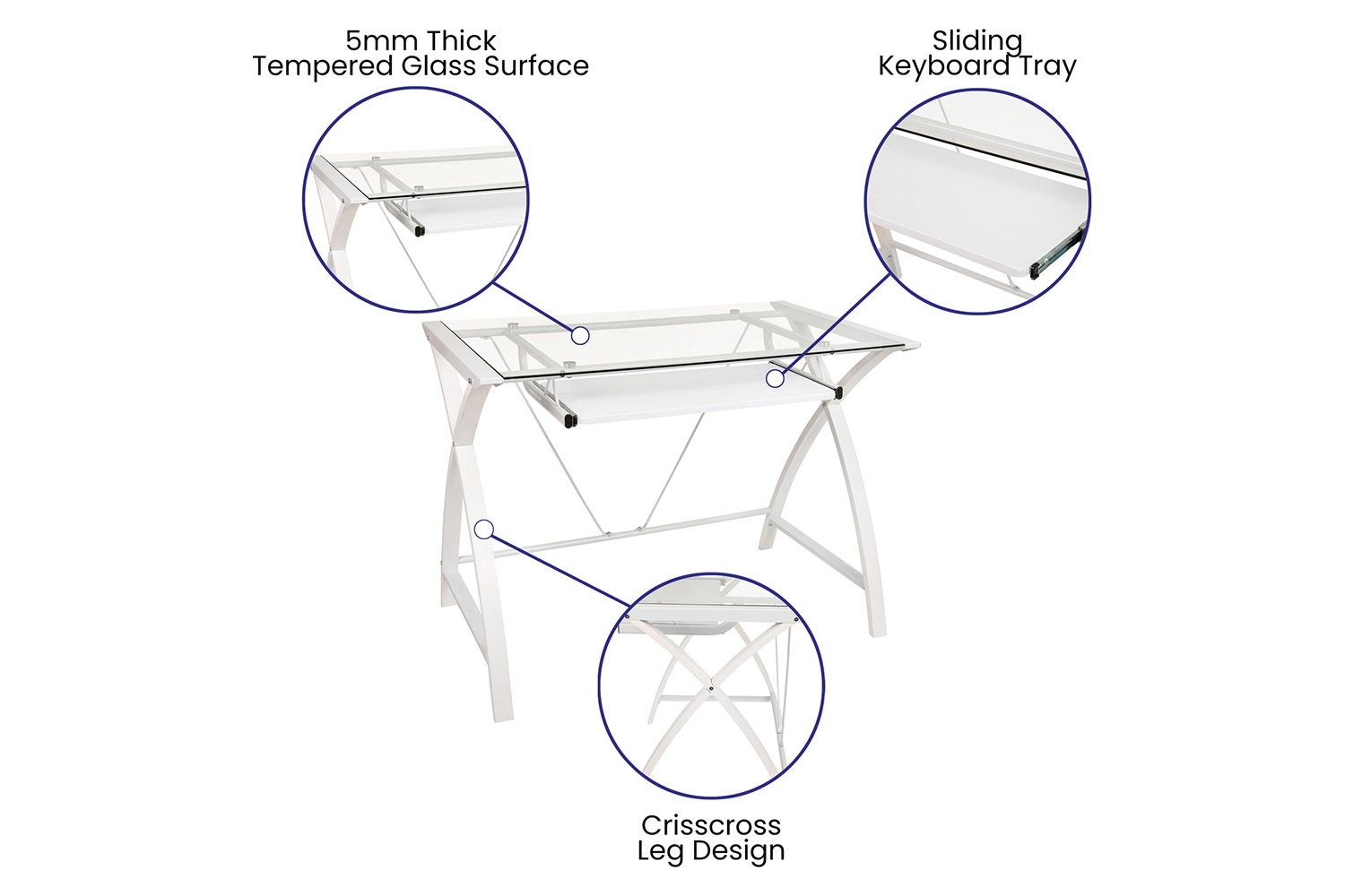 BLNK Jude Glass Computer Desk with Pull-Out Keyboard Tray and Crisscross Frame - Clear/White