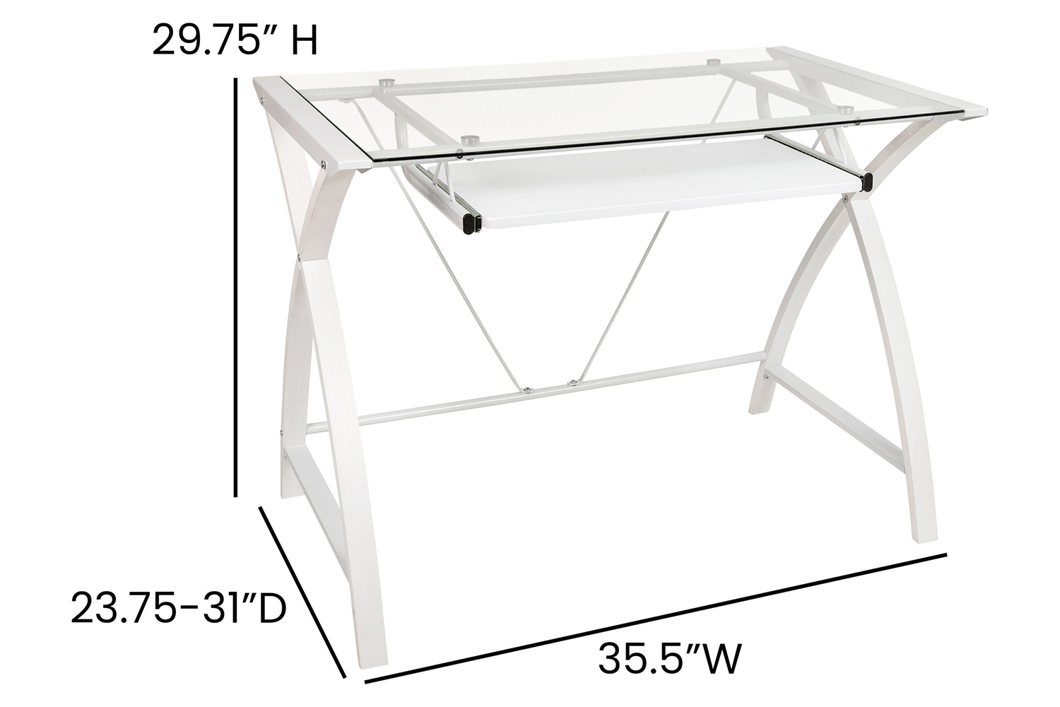 BLNK Jude Glass Computer Desk with Pull-Out Keyboard Tray and Crisscross Frame - Clear/White
