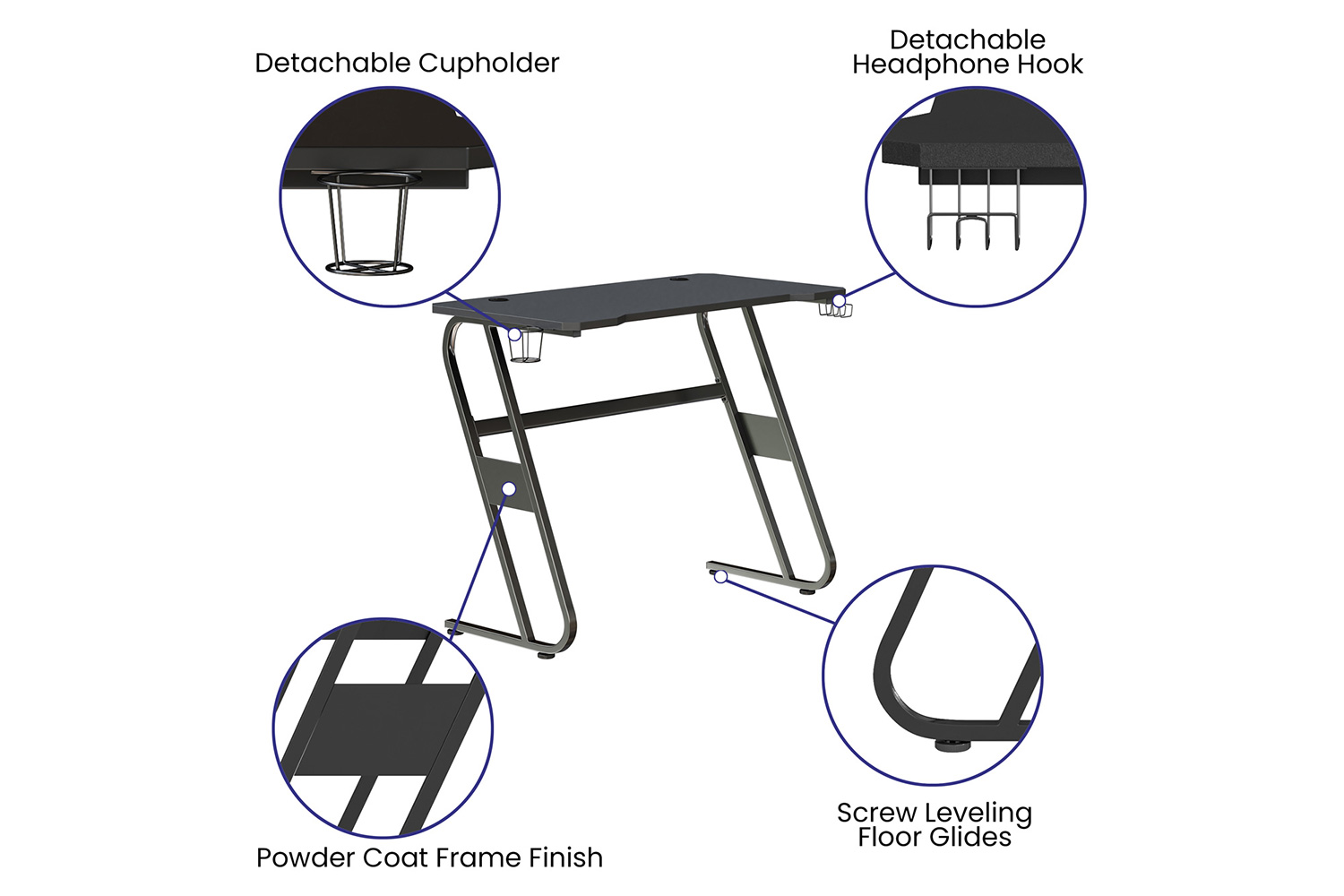 BLNK Fisher Ergonomic Desk with Cup Holder and Headphone Hook - Black