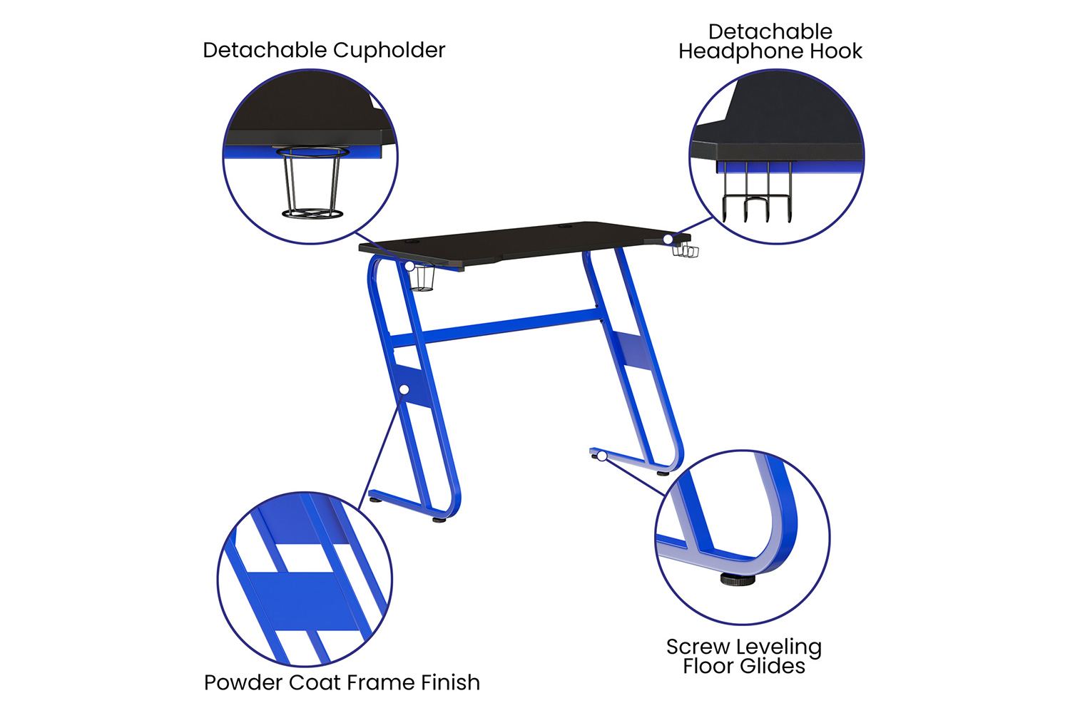 BLNK Fisher Ergonomic Desk with Cup Holder and Headphone Hook - Blue
