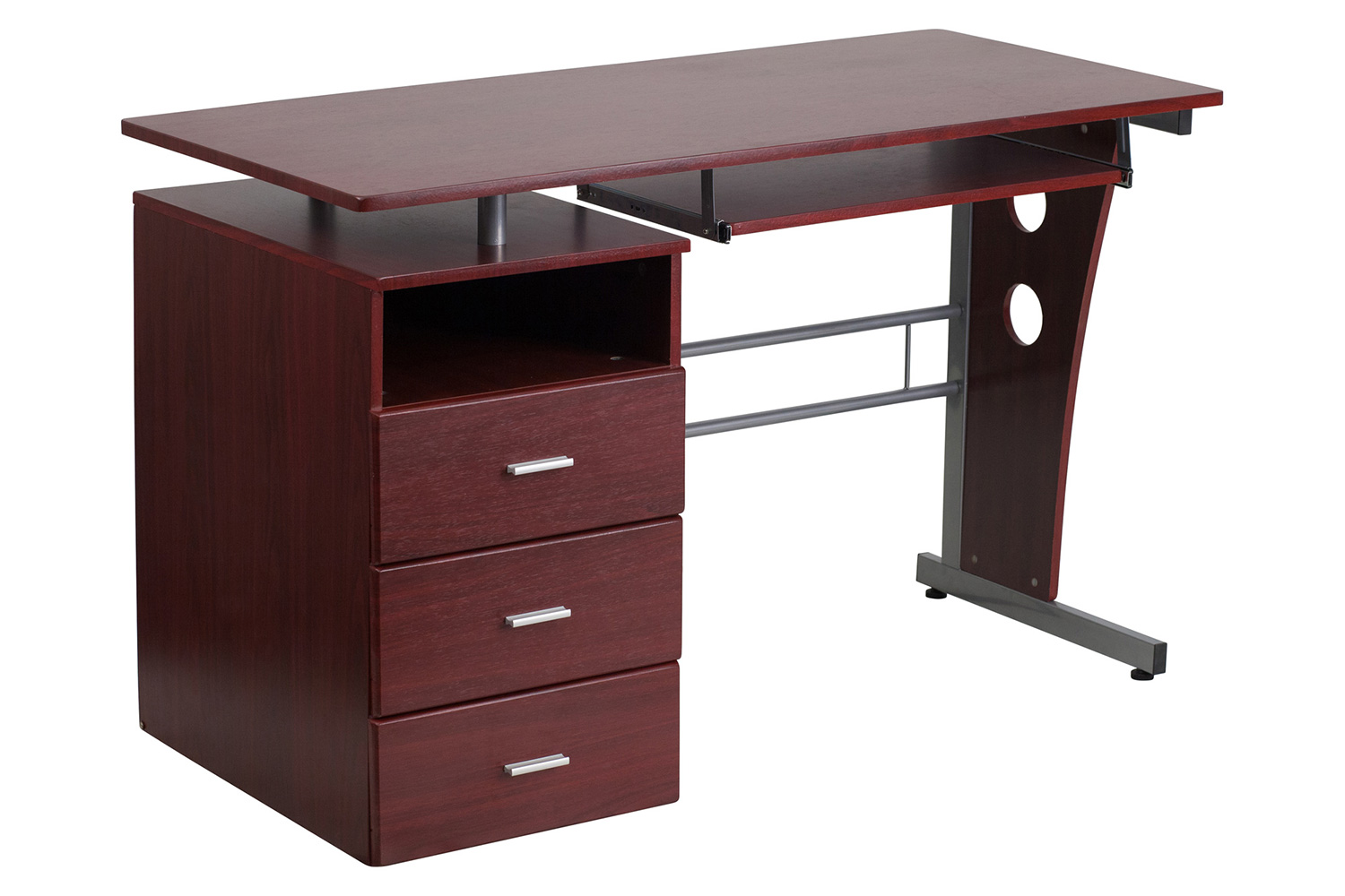 BLNK Joshua Desk with Three Drawer Pedestal and Pull-Out Keyboard Tray - Mahogany