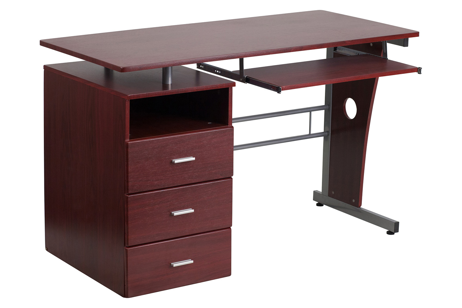 BLNK Joshua Desk with Three Drawer Pedestal and Pull-Out Keyboard Tray - Mahogany