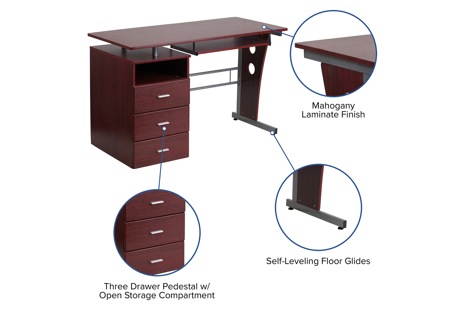 BLNK Joshua Desk with Three Drawer Pedestal and Pull-Out Keyboard Tray - Mahogany