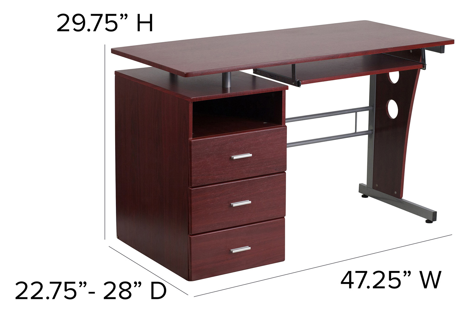BLNK Joshua Desk with Three Drawer Pedestal and Pull-Out Keyboard Tray - Mahogany