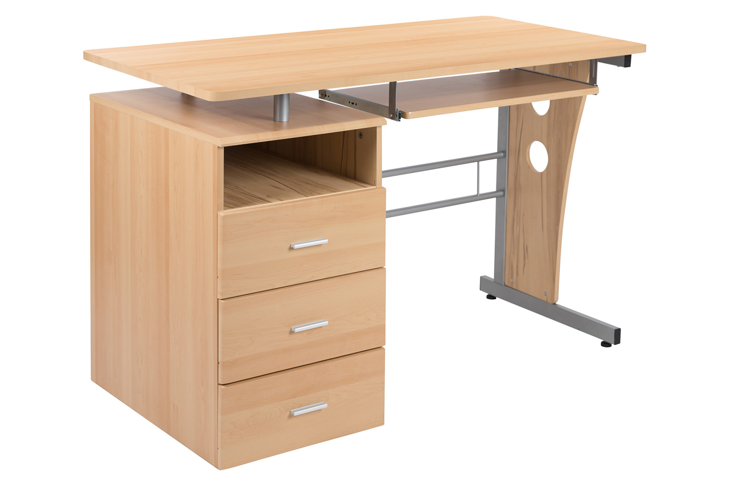 BLNK Joshua Desk with Three Drawer Pedestal and Pull-Out Keyboard Tray - Maple