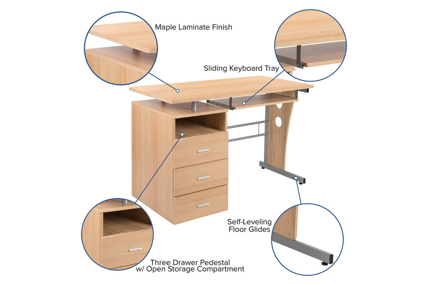 BLNK Joshua Desk with Three Drawer Pedestal and Pull-Out Keyboard Tray - Maple