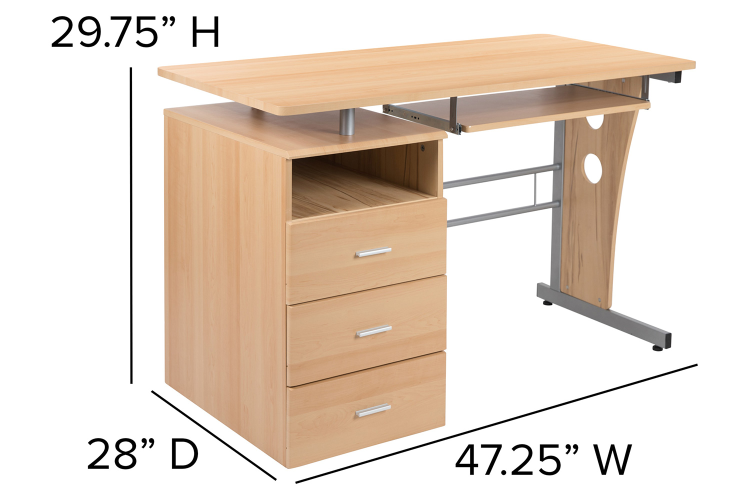 BLNK Joshua Desk with Three Drawer Pedestal and Pull-Out Keyboard Tray - Maple