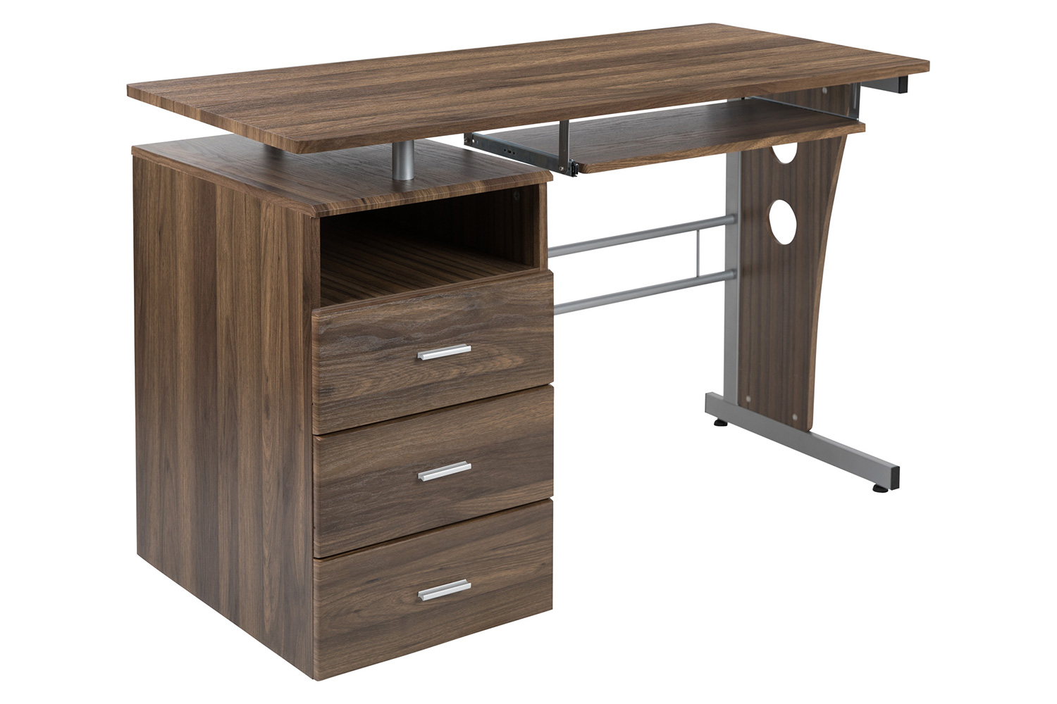 BLNK Joshua Desk with Three Drawer Pedestal and Pull-Out Keyboard Tray - Rustic Walnut