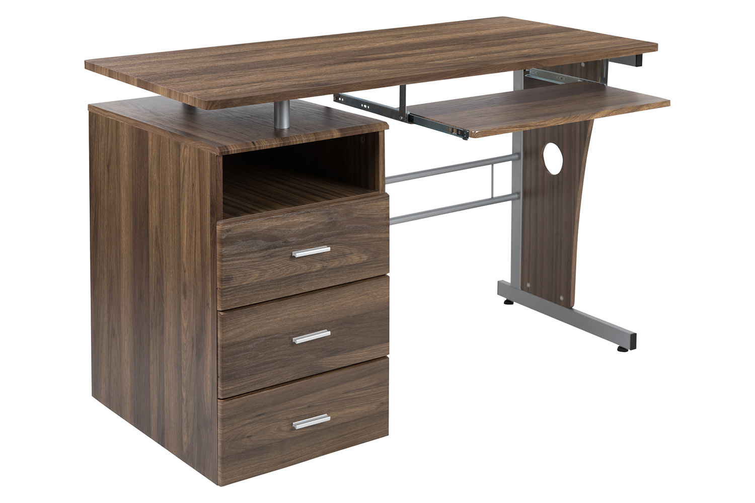 BLNK Joshua Desk with Three Drawer Pedestal and Pull-Out Keyboard Tray - Rustic Walnut