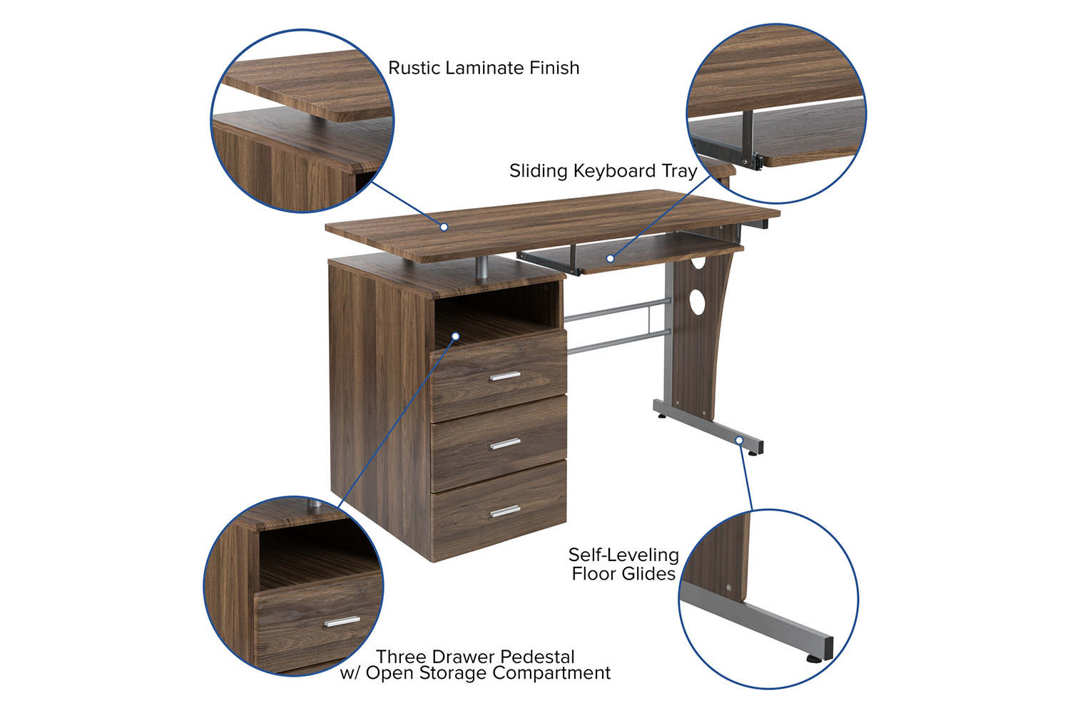 BLNK Joshua Desk with Three Drawer Pedestal and Pull-Out Keyboard Tray - Rustic Walnut