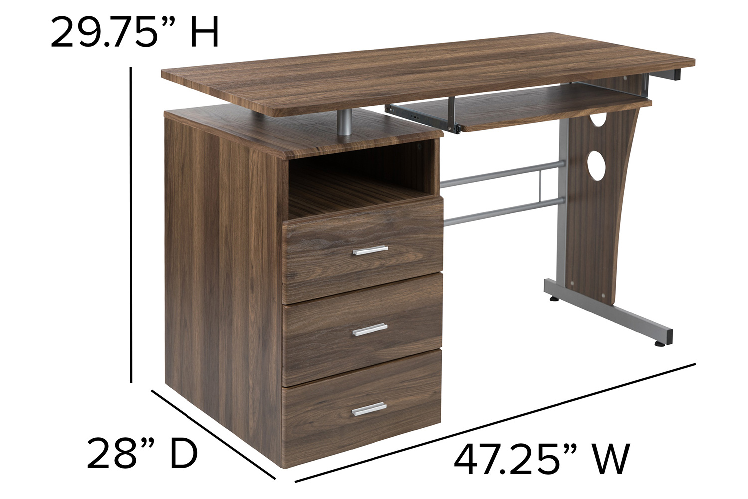 BLNK Joshua Desk with Three Drawer Pedestal and Pull-Out Keyboard Tray - Rustic Walnut