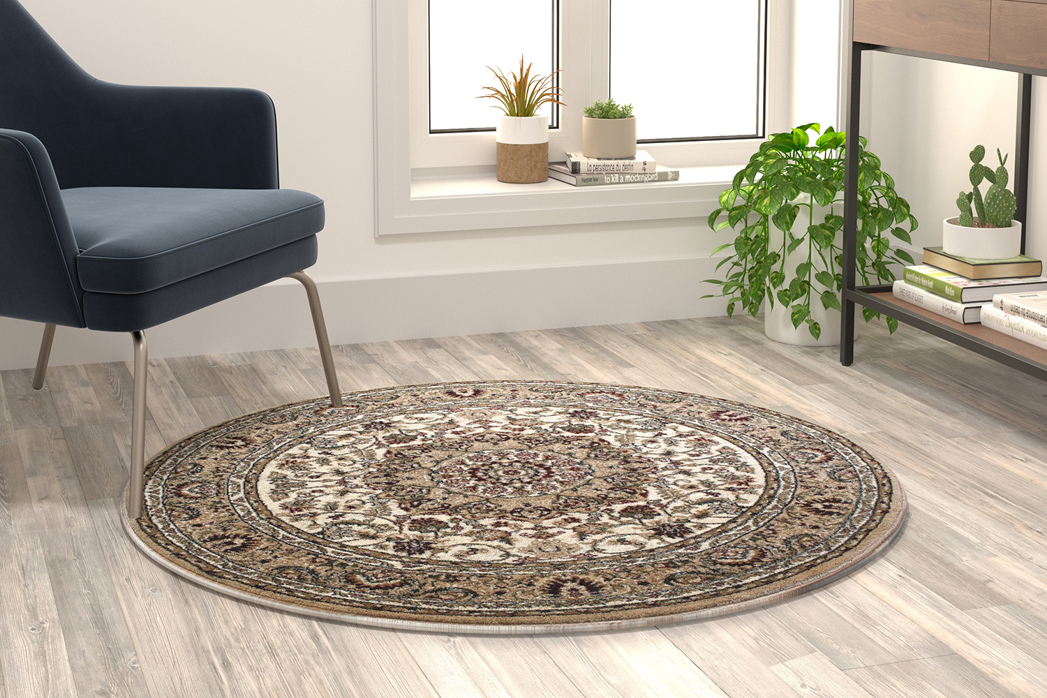 BLNK Mersin Collection Persian Style Round Olefin Area Rug with Jute Backing - Ivory, 4'W x 4'L