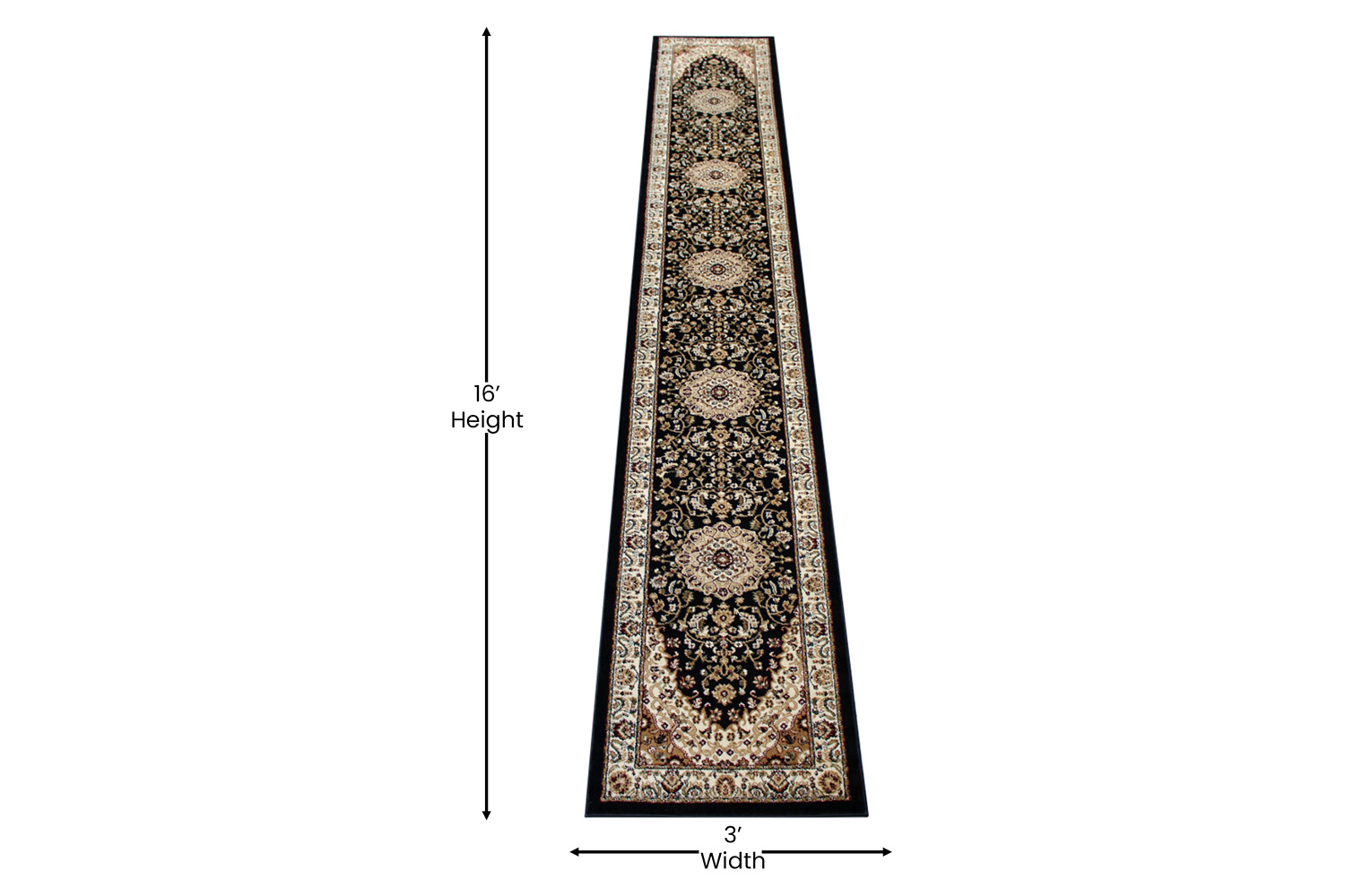 BLNK Mersin Collection Persian Style Olefin Area Rug with Jute Backing - Black, 3'W x 15'L
