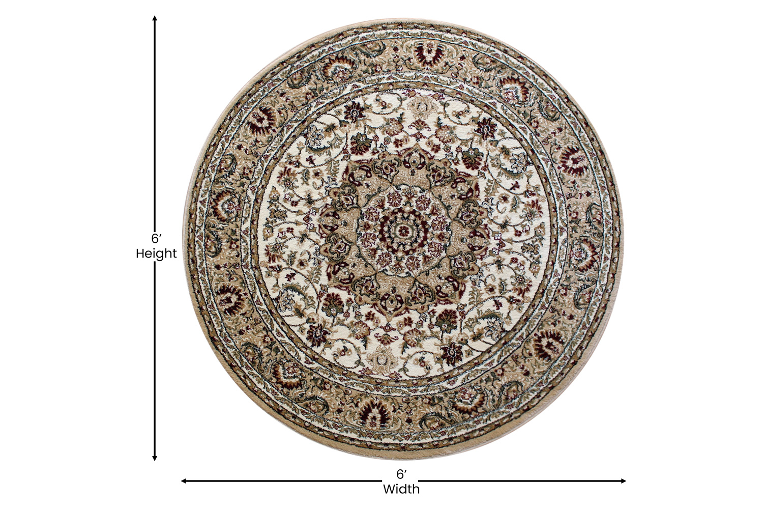 BLNK Mersin Collection Persian Style Round Olefin Area Rug with Jute Backing - Ivory, 5'W x 5'L