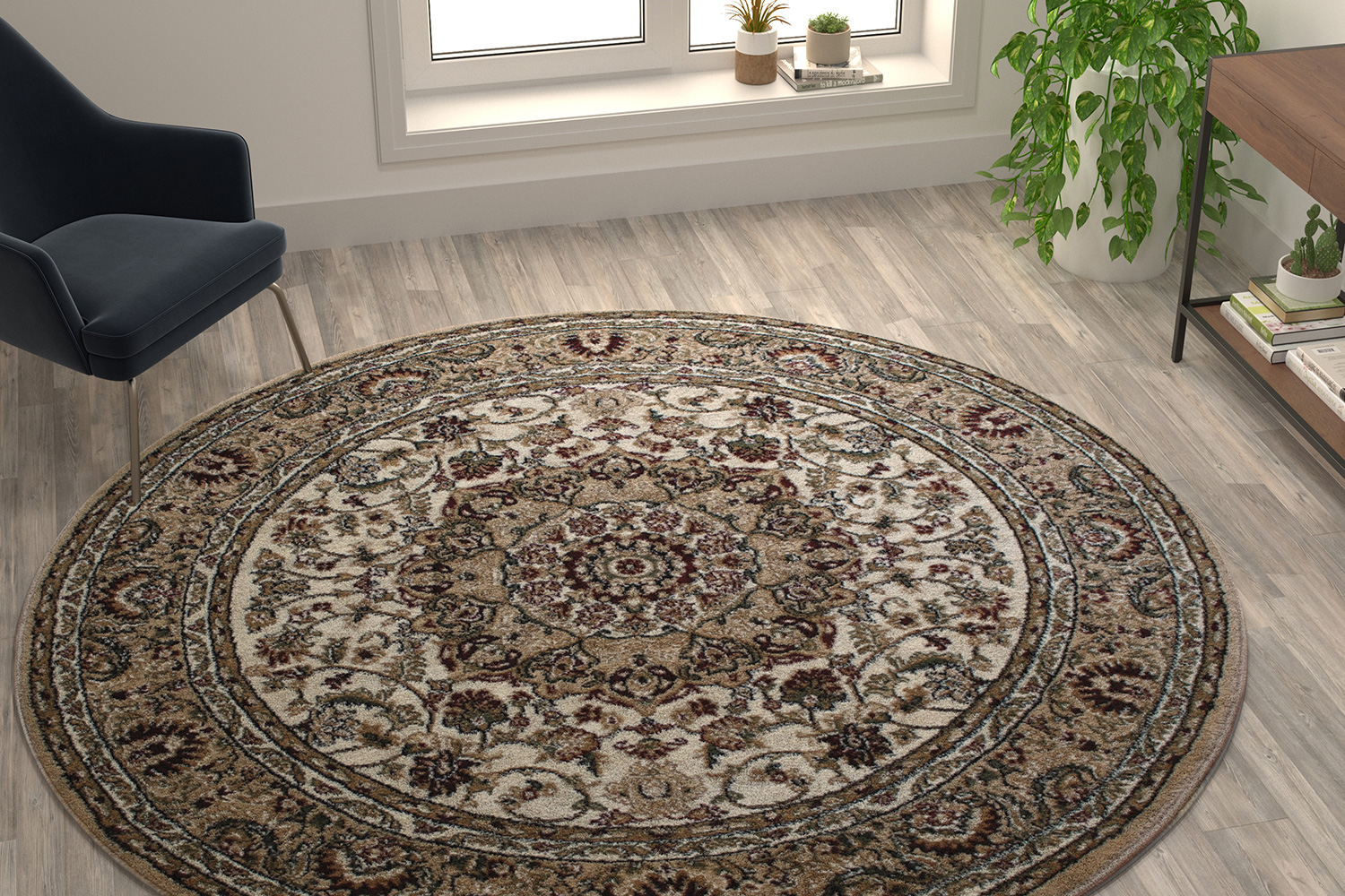 BLNK - Mersin Collection Persian Style Round Olefin Area Rug with Jute Backing