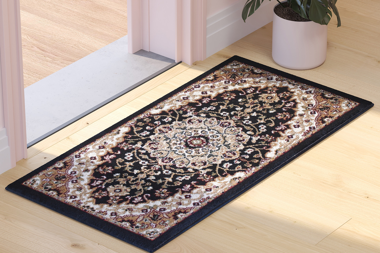 BLNK Mersin Collection Persian Style Olefin Area Rug with Jute Backing - Black, 2'W x 3'L