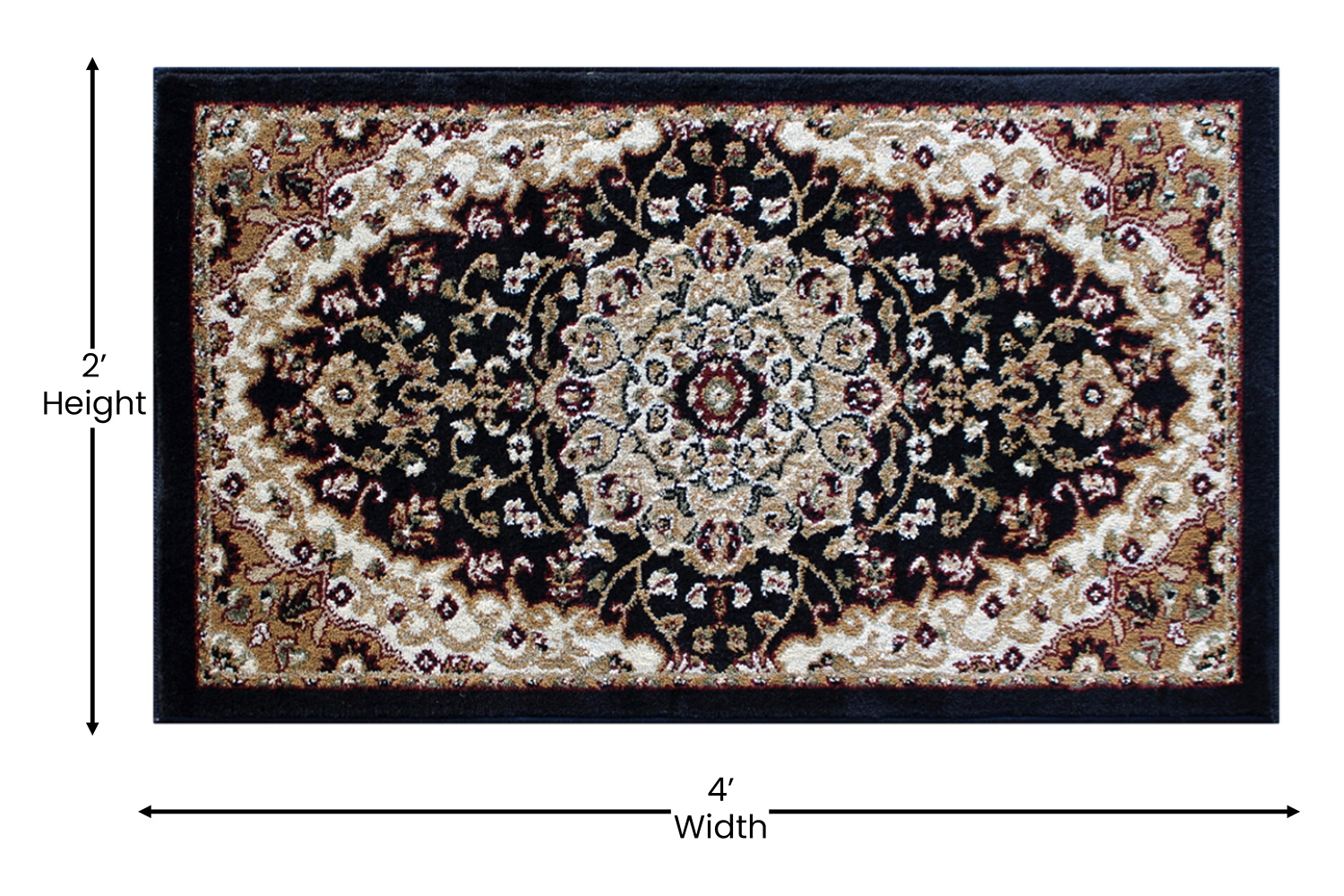 BLNK Mersin Collection Persian Style Olefin Area Rug with Jute Backing - Black, 2'W x 3'L