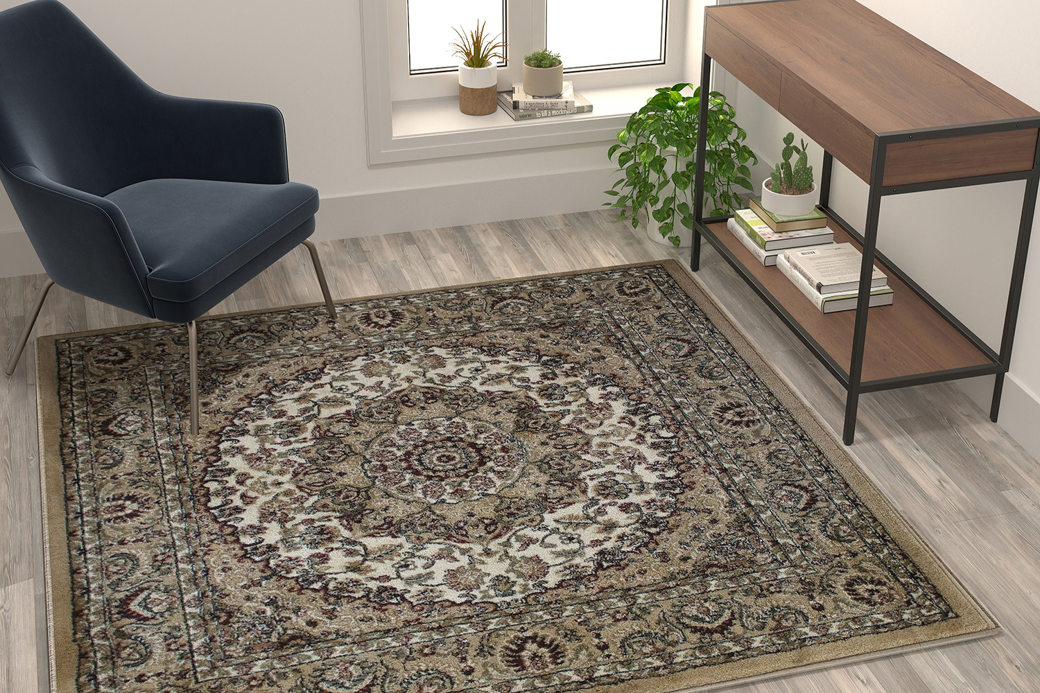 BLNK Mersin Collection Persian Style Square Olefin Area Rug with Jute Backing - Ivory, 5'W x 5'L