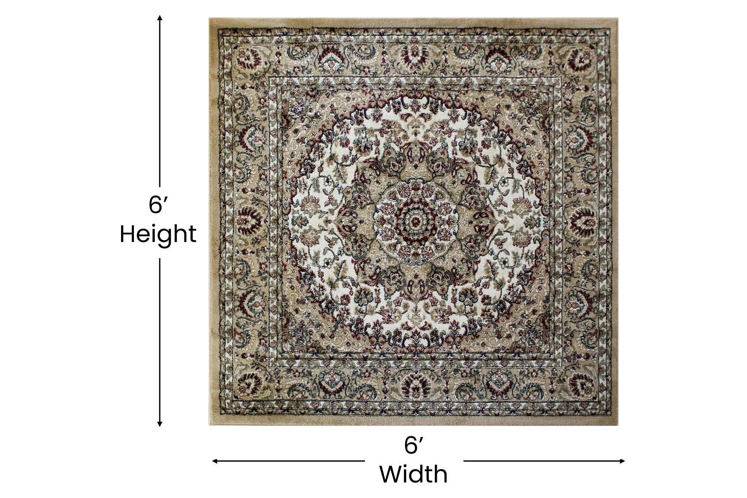 BLNK Mersin Collection Persian Style Square Olefin Area Rug with Jute Backing - Ivory, 5'W x 5'L