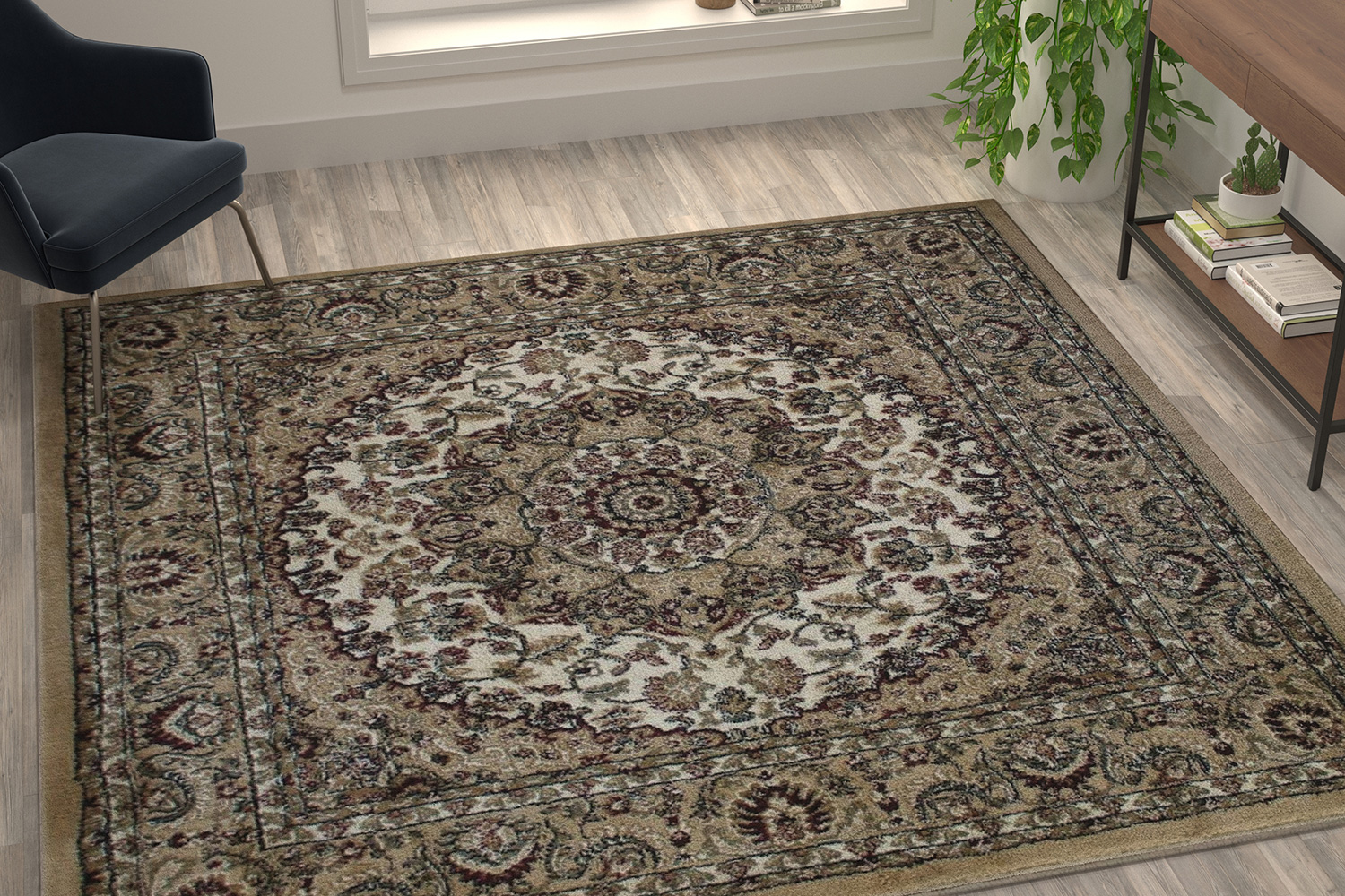 BLNK Mersin Collection Persian Style Square Olefin Area Rug with Jute Backing - Ivory, 7'W x 7'L