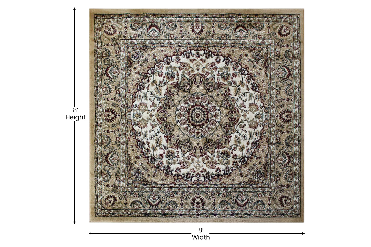BLNK Mersin Collection Persian Style Square Olefin Area Rug with Jute Backing - Ivory, 7'W x 7'L