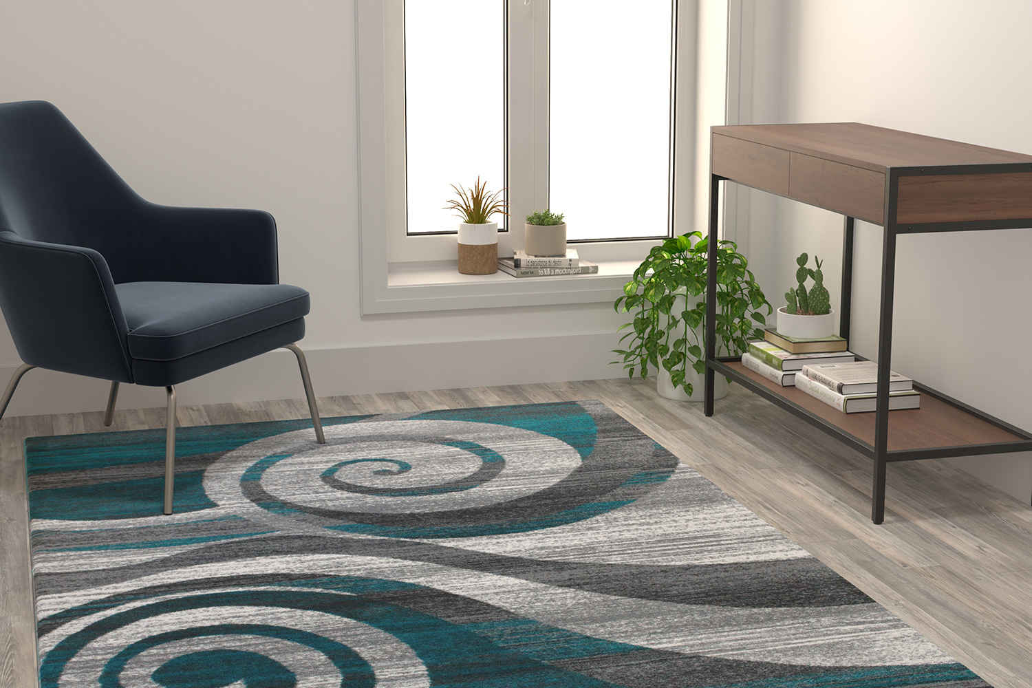 BLNK - Cirrus Collection Olefin Swirl Patterned Area Rug with Jute Backing
