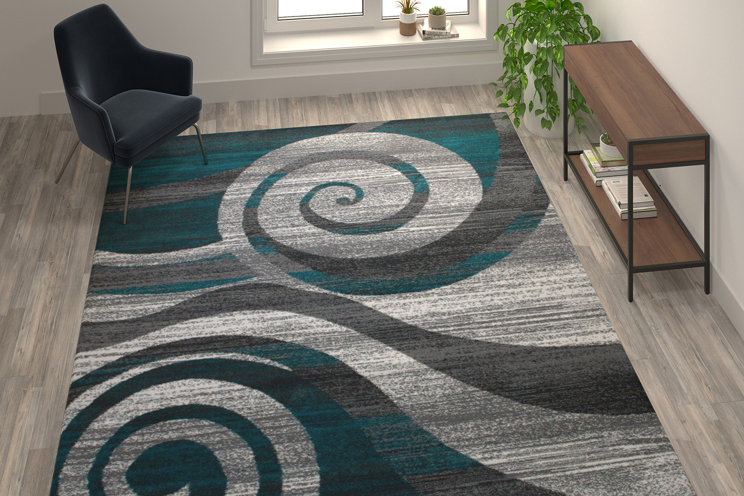BLNK - Cirrus Collection Olefin Swirl Patterned Area Rug with Jute Backing