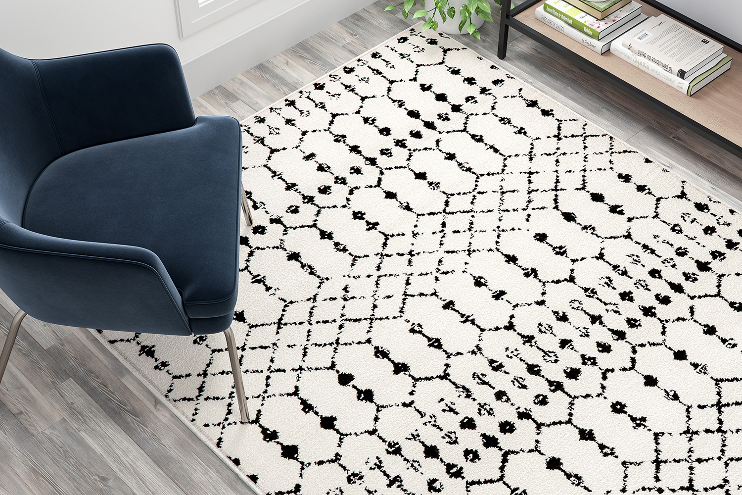 BLNK Beth Geometric Bohemian Low Pile Rug - Ivory/Black, 5'W x 7'L
