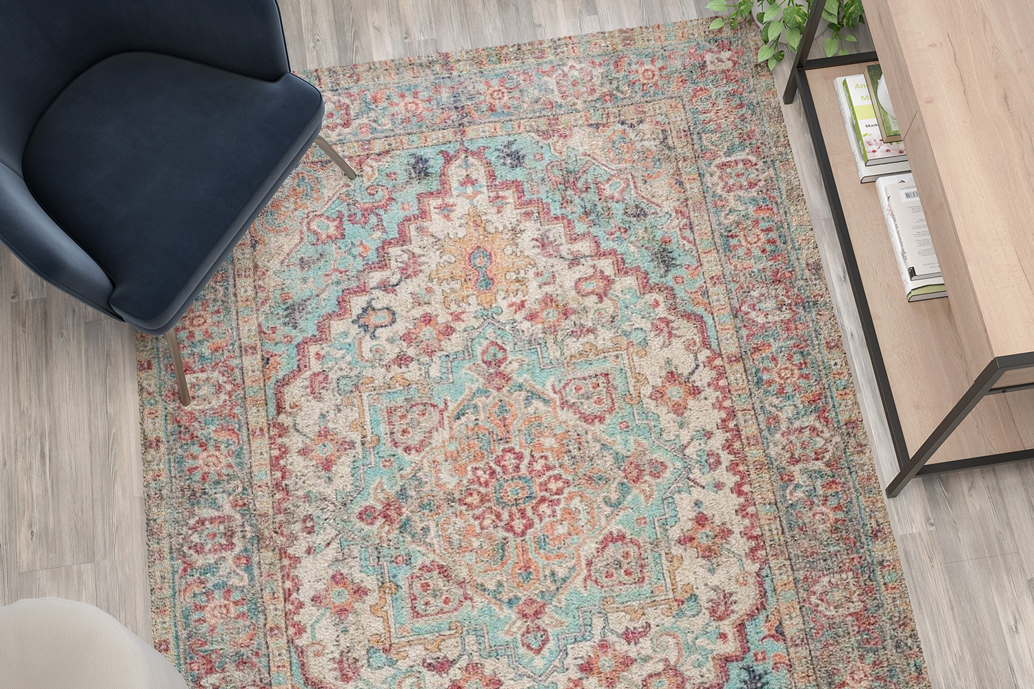 BLNK Katherine Distressed Vintage Medallion Polyester Area Rug - Blue, 5'W x 7'L
