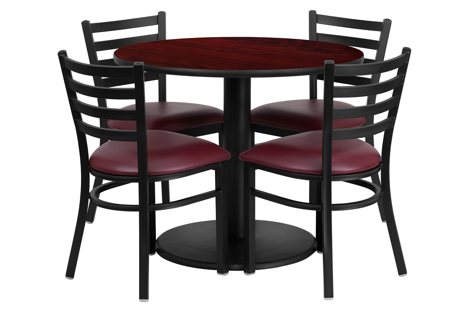 BLNK Jamie Round Mahogany Laminate Table Set with Round Base and 4 Ladder Back Metal Chairs with Vinyl Seat - Burgundy