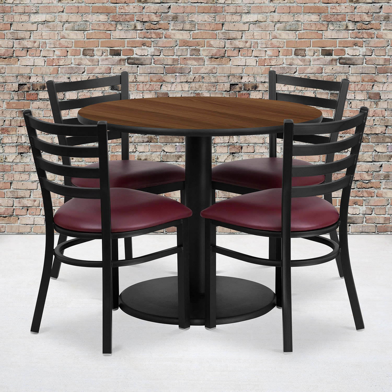 BLNK - Jamie Round Walnut Laminate Table Set with Round Base and 4 Ladder Back Metal Chairs with Vinyl Seat