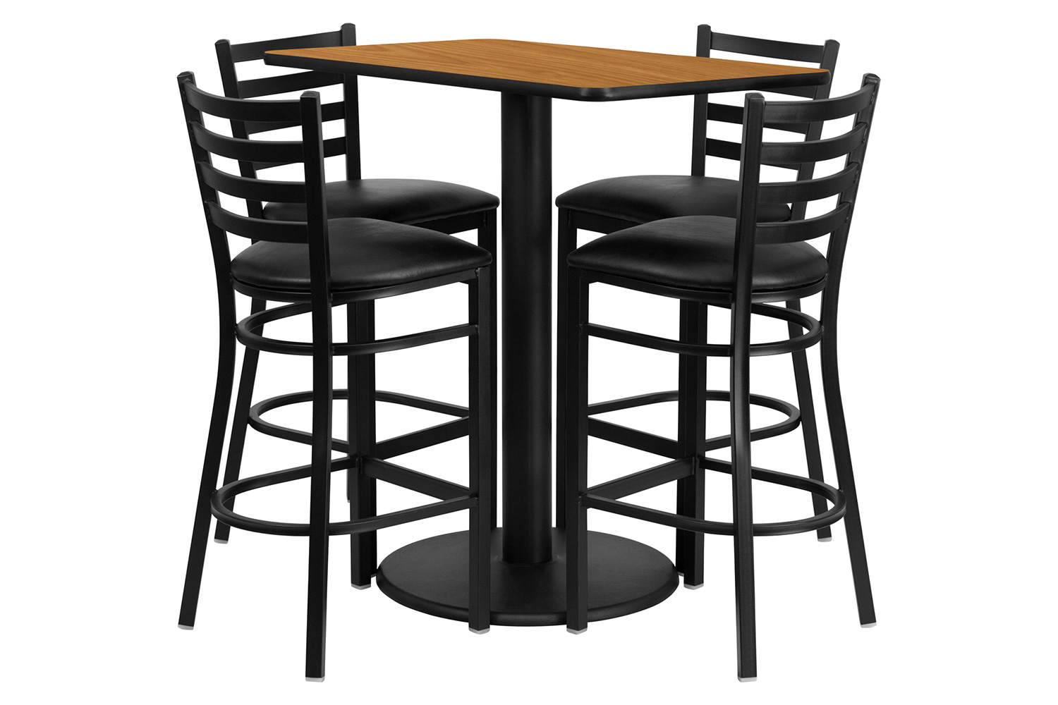 BLNK Jamie Rectangular Laminate Table Set with 4 Ladder Back Metal Bar Stools with Black Vinyl Seat - Natural
