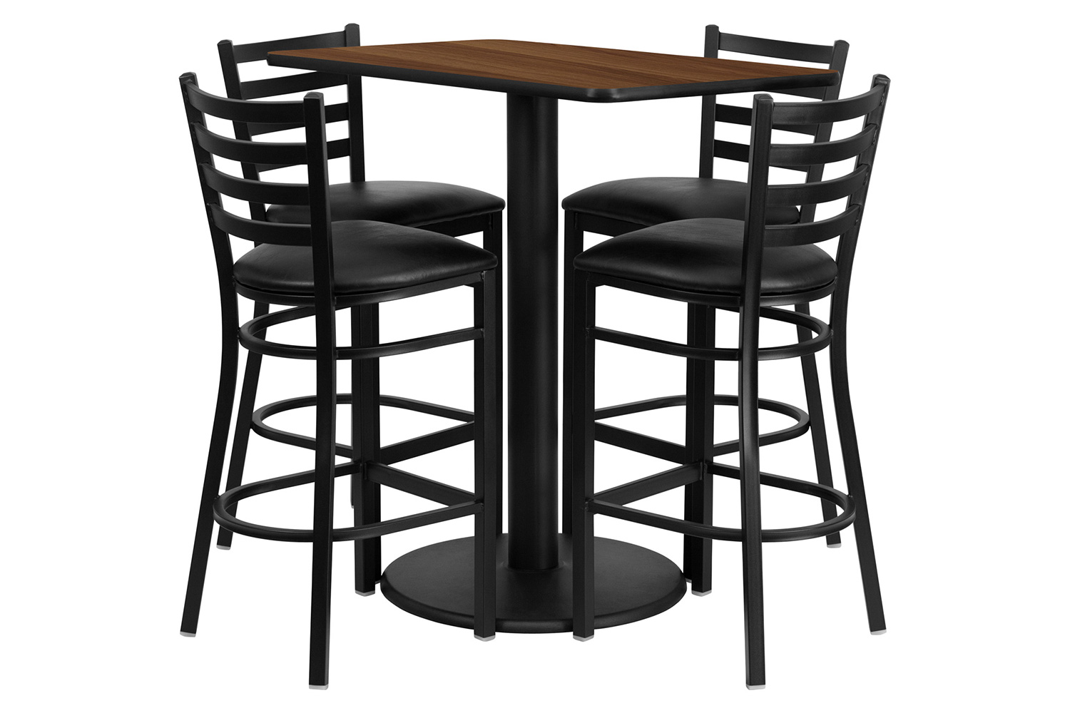 BLNK Jamie Rectangular Laminate Table Set with 4 Ladder Back Metal Bar Stools with Black Vinyl Seat - Walnut
