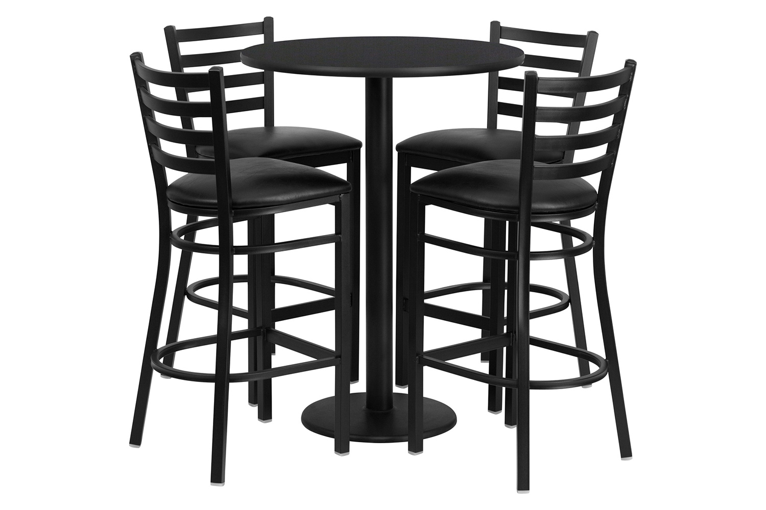 BLNK Jamie Round Laminate Table Set with Round Base and 4 Ladder Back Metal Bar Stools with Black Vinyl Seat - Black