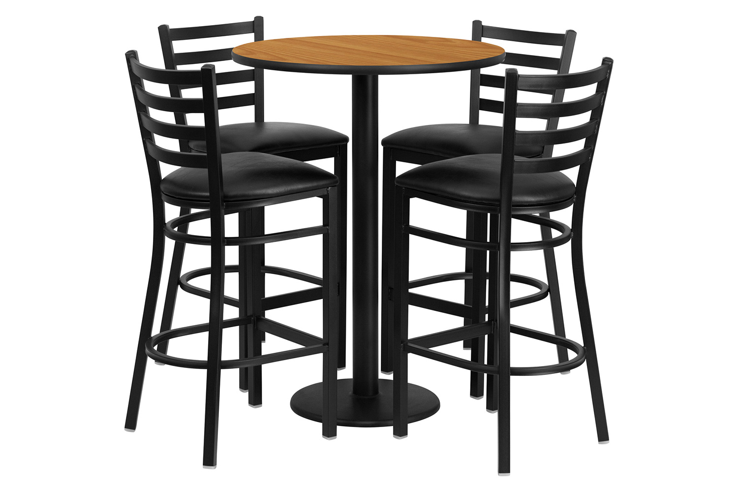 BLNK Jamie Round Laminate Table Set with Round Base and 4 Ladder Back Metal Bar Stools with Black Vinyl Seat - Natural