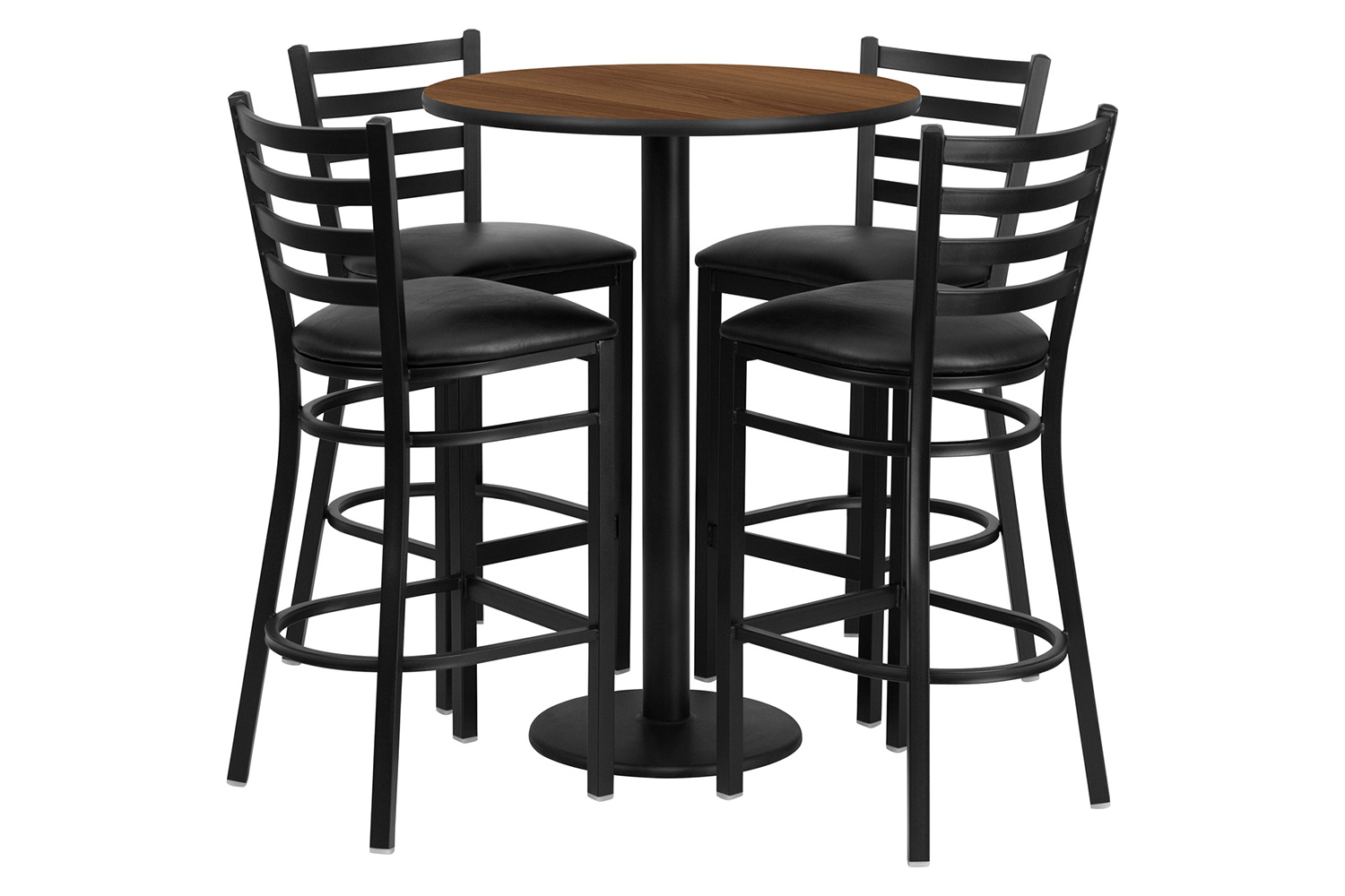 BLNK - Jamie Round Laminate Table Set with Round Base and 4 Ladder Back Metal Bar Stools with Black Vinyl Seat