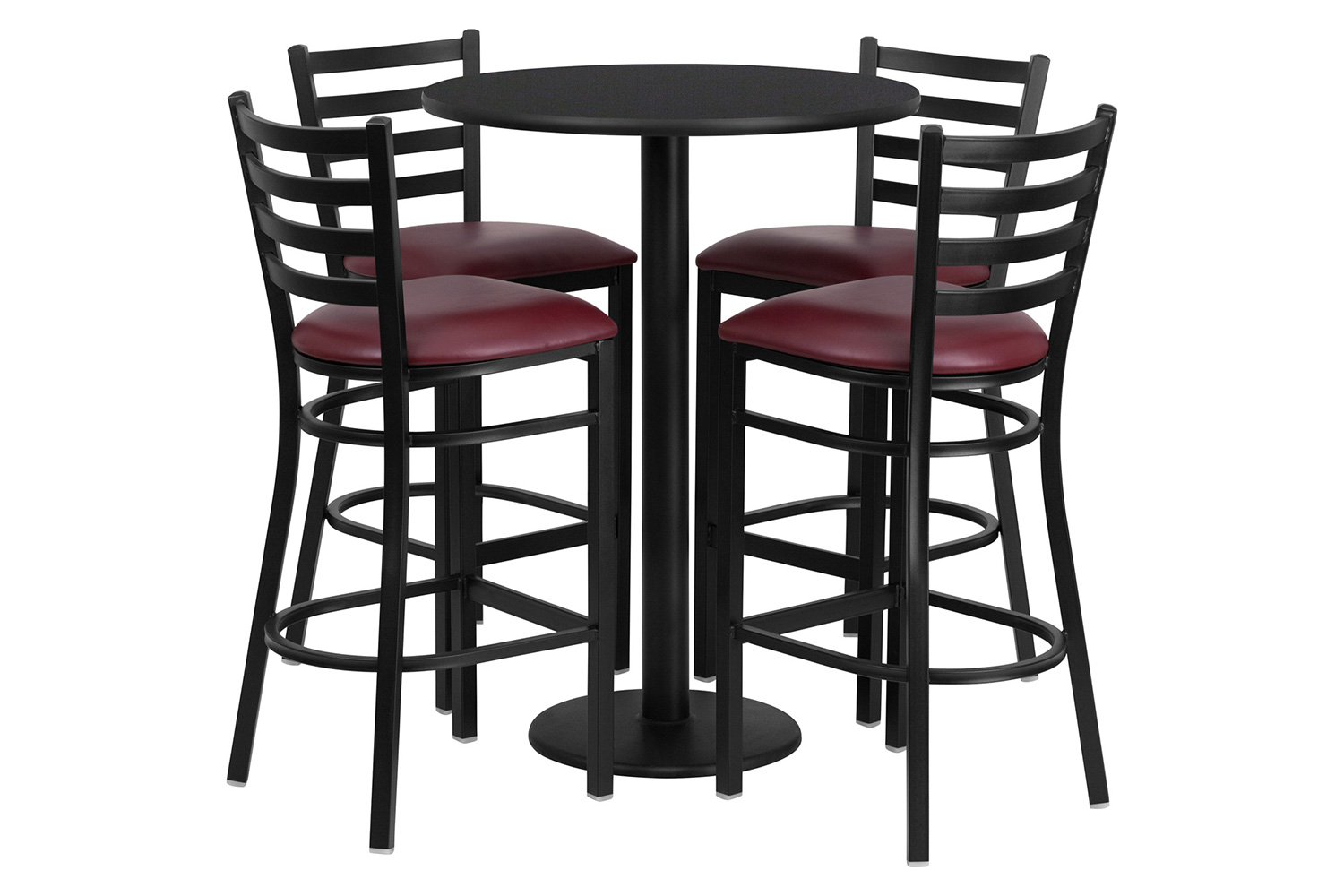 BLNK Jamie Round Laminate Table Set with Round Base and 4 Ladder Back Metal Bar Stools with Burgundy Vinyl Seat - Black