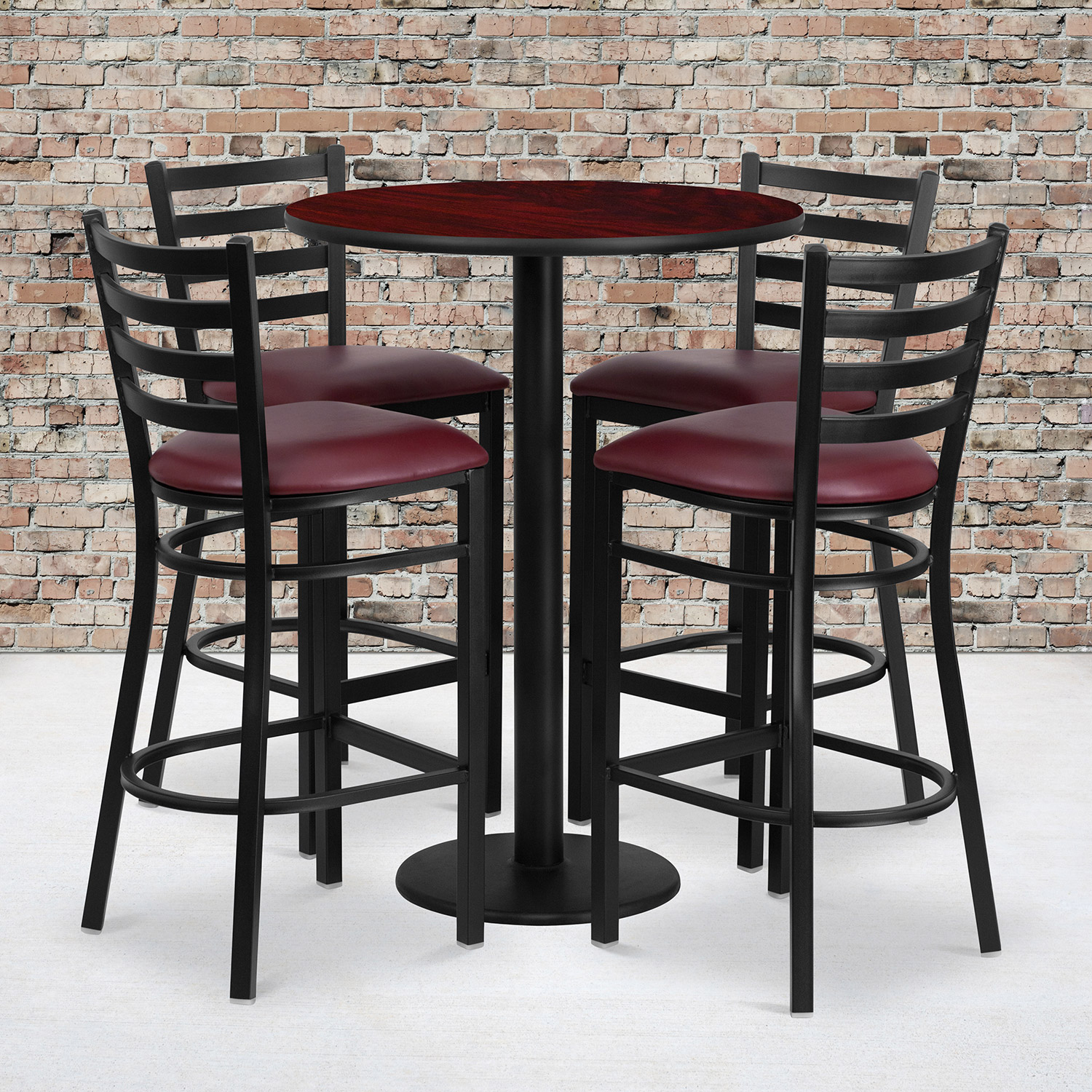 BLNK - Jamie Round Laminate Table Set with Round Base and 4 Ladder Back Metal Bar Stools with Burgundy Vinyl Seat