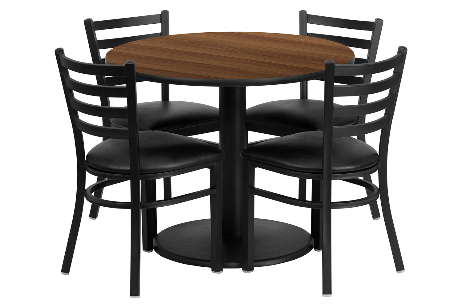 BLNK - Jamie Round Walnut Laminate Table Set with Round Base and 4 Ladder Back Metal Chairs with Vinyl Seat