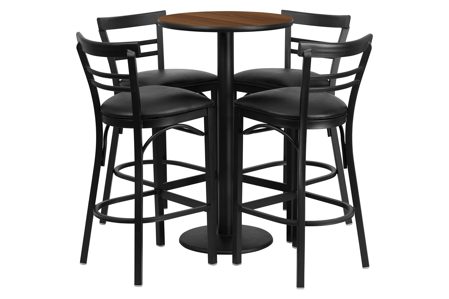BLNK Jamie Round Laminate Table Set with Round Base and 4 Two-Slat Ladder Back Metal Bar Stools with Black Vinyl Seat - Walnut