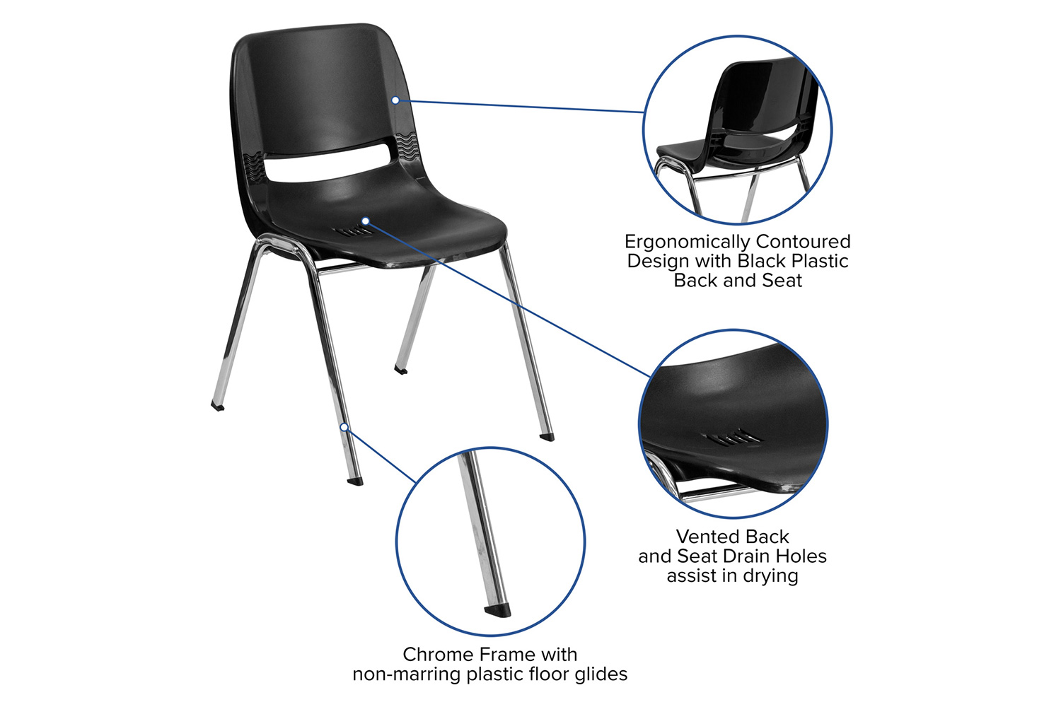BLNK HERCULES Series Ergonomic Shell Stack Chair - Black/Chrome, 18"H Seat