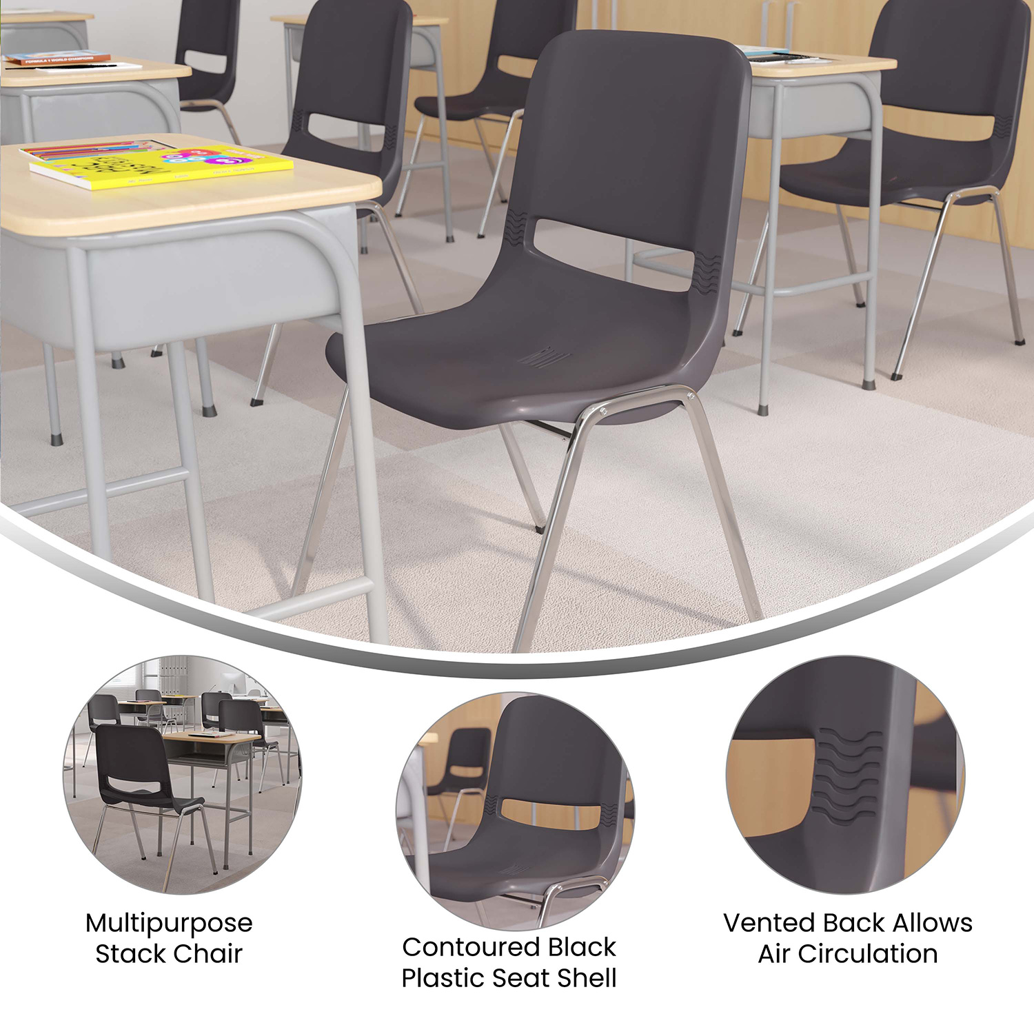 BLNK HERCULES Series Ergonomic Shell Stack Chair - Gray/Chrome, 18"H Seat