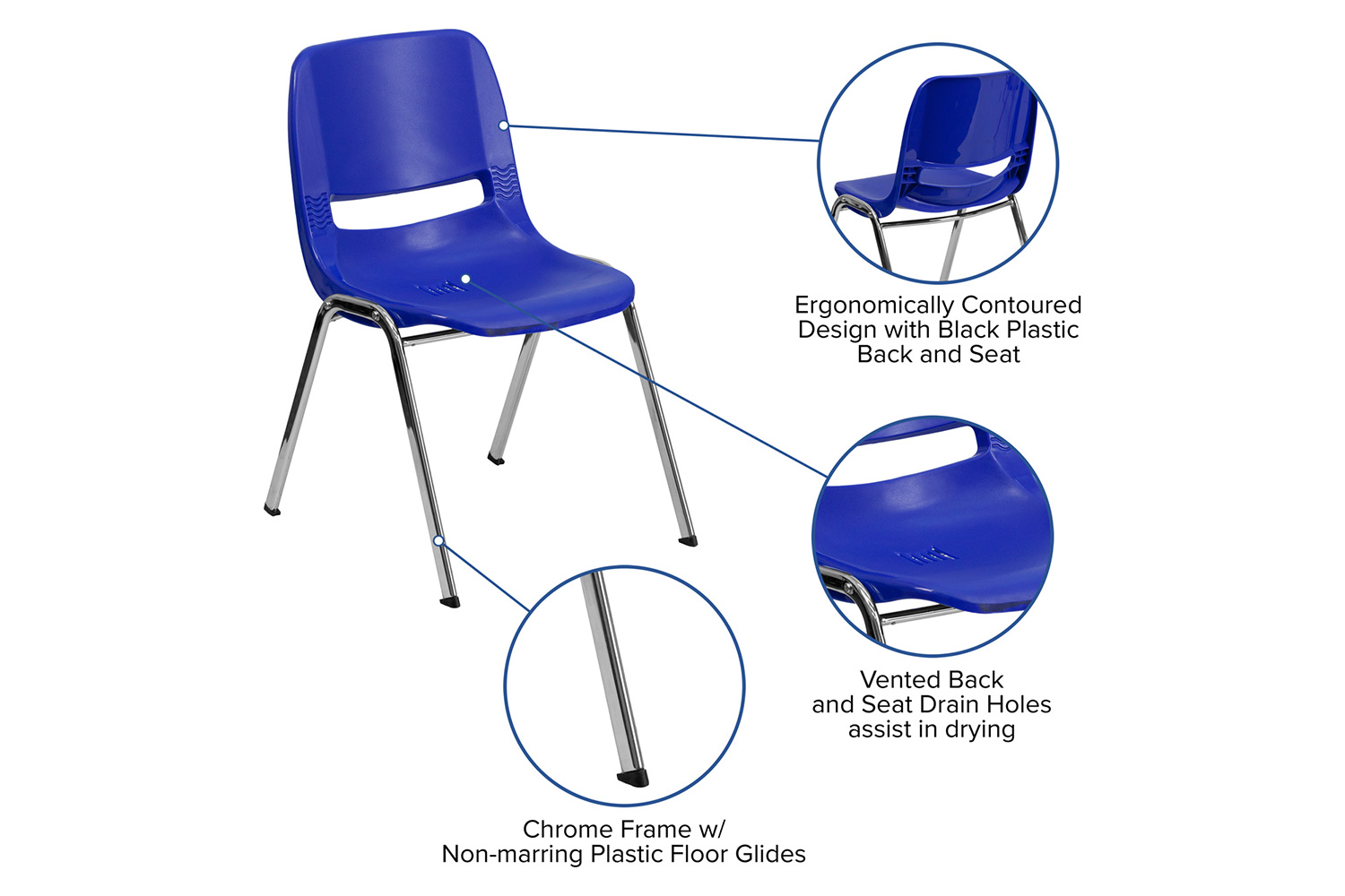 BLNK HERCULES Series Ergonomic Shell Stack Chair - Navy/Chrome, 18"H Seat
