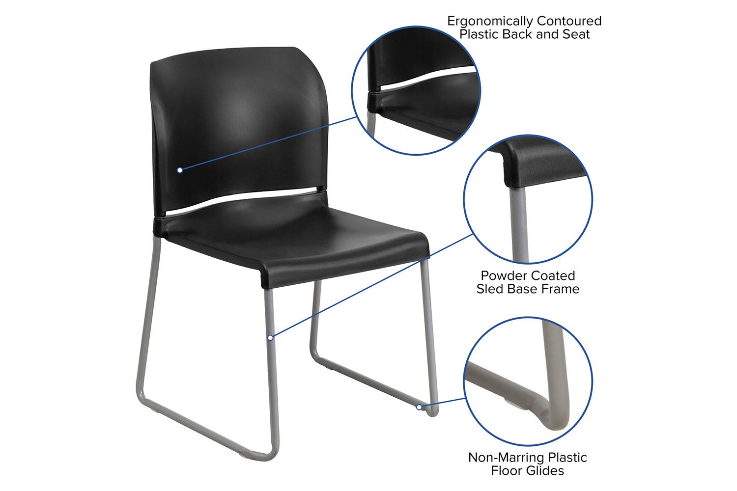 BLNK HERCULES Series Full Back Contoured Stack Chair with Gray Powder Coated Sled Base - Black