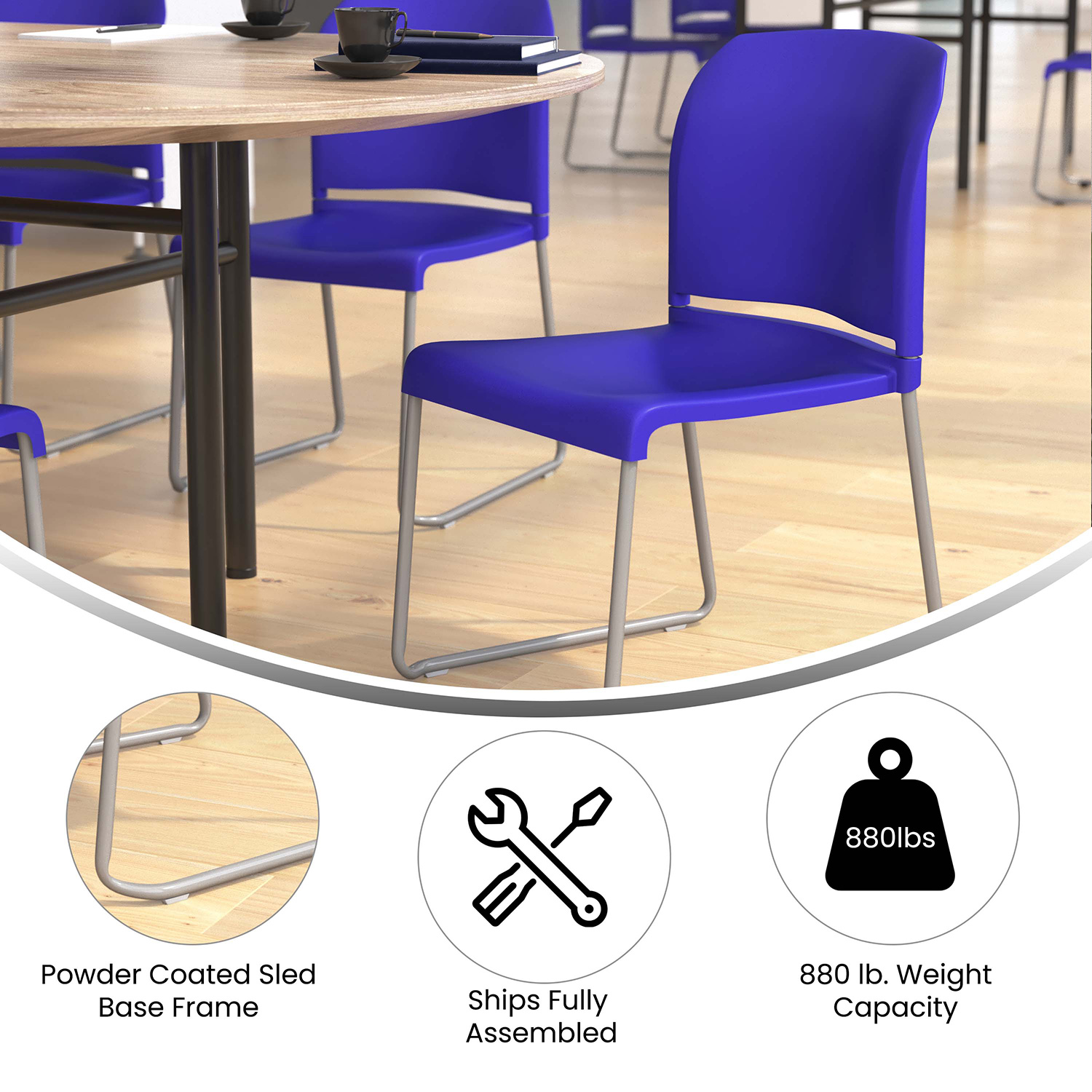 BLNK HERCULES Series Full Back Contoured Stack Chair with Gray Powder Coated Sled Base - Blue