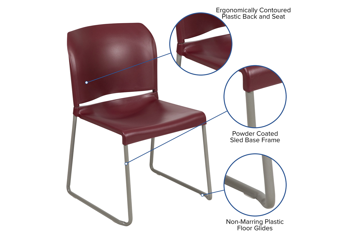 BLNK HERCULES Series Full Back Contoured Stack Chair with Gray Powder Coated Sled Base - Burgundy