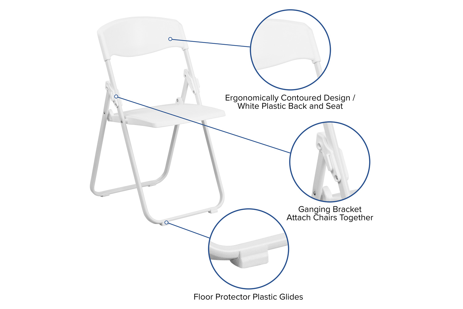 BLNK HERCULES Series Plastic Heavy Duty Folding Chair with Built-in Ganging Brackets - White