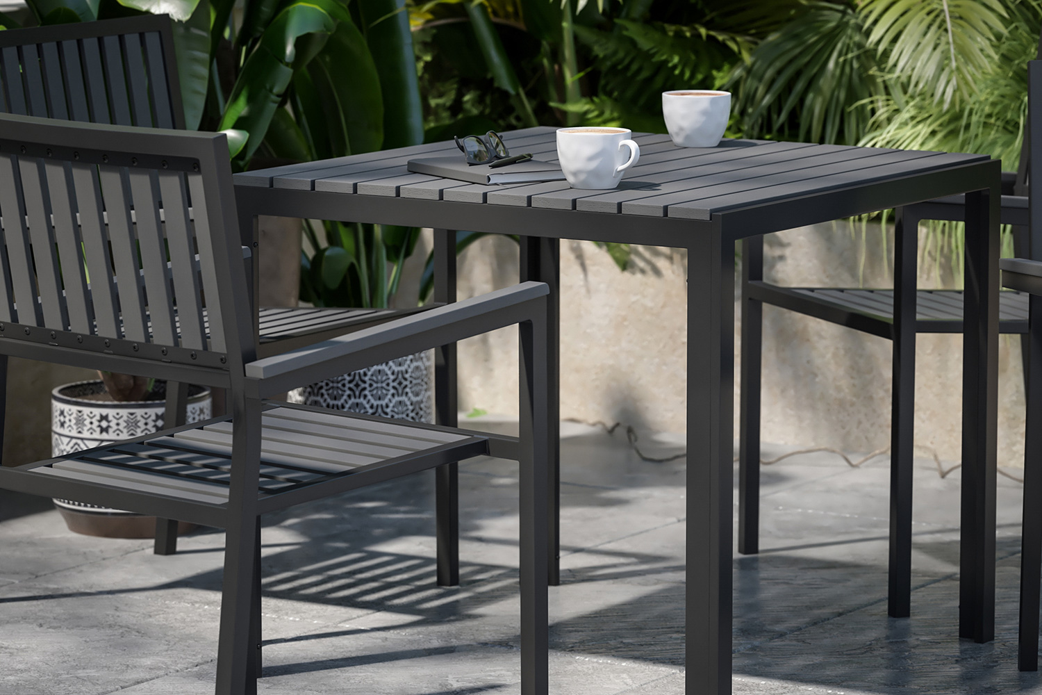 BLNK - Harris Commercial Indoor/Outdoor Table and Chairs with Black Poly Resin Slatted Backs and Seats 5 Piece