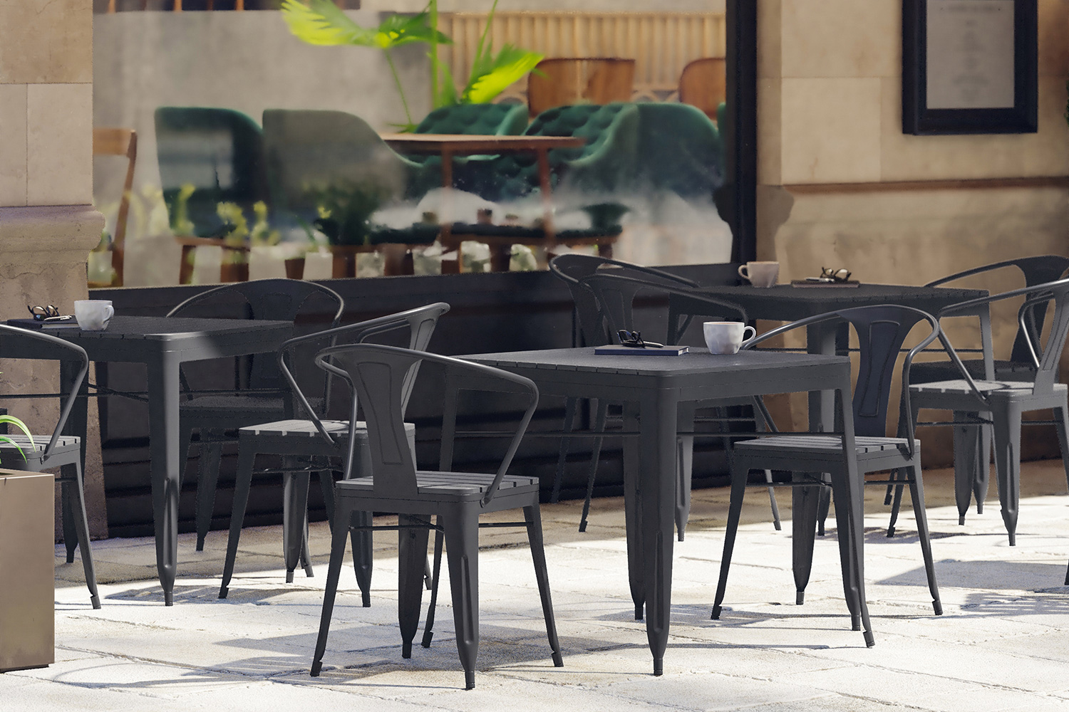 BLNK - Helvey Commercial Indoor-Outdoor Square Steel Patio Dining Table for 4 with Black Poly Resin Slatted Top