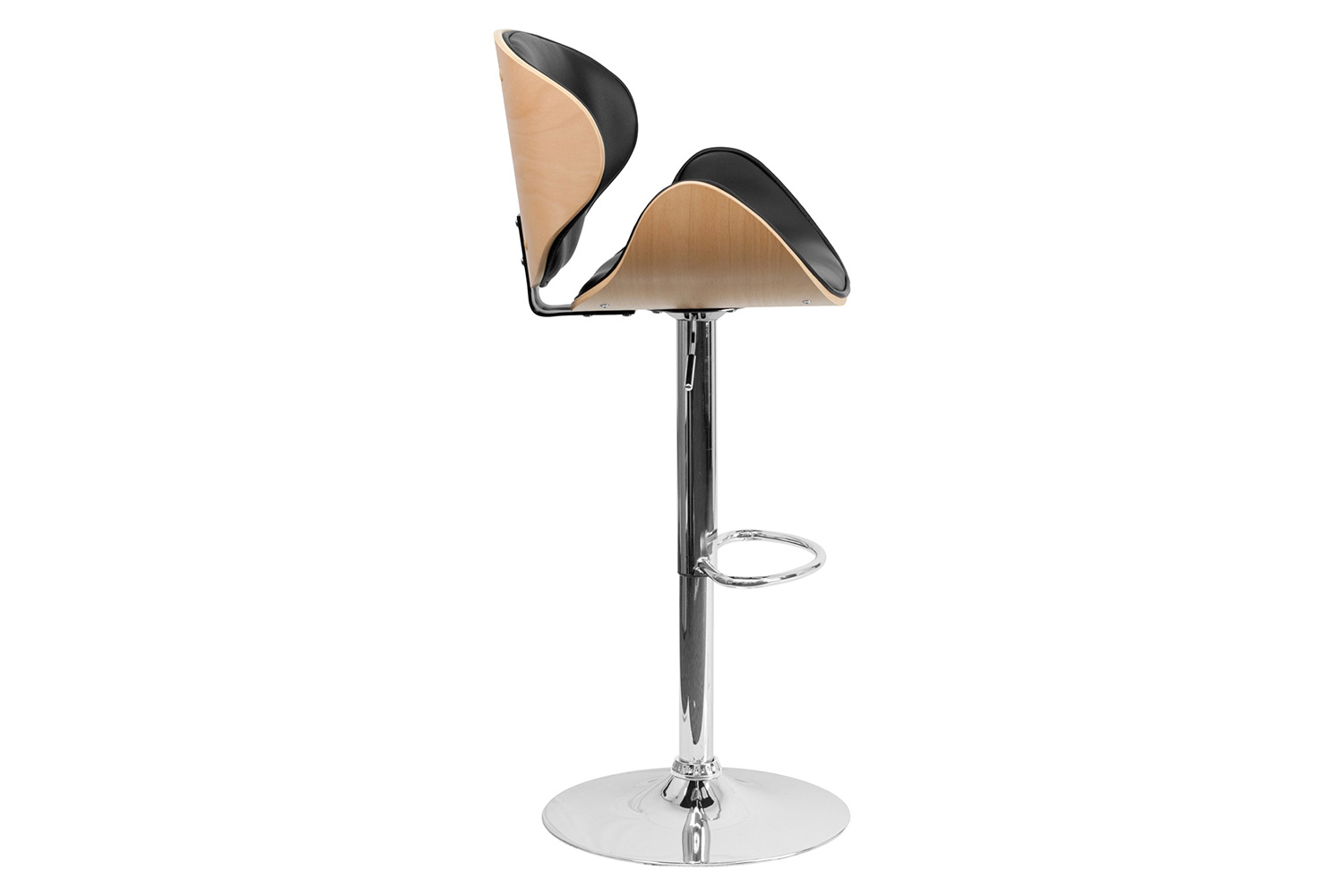 BLNK Farley Bentwood Adjustable Height Bar Stool with Curved Back and Black Vinyl Seat - Beech